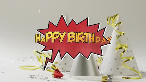 animación del texto de feliz cumpleaños sobre sombreros de fiesta en el fondo