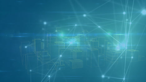 animation of network of connections over 3d cityscape spinning on blue background