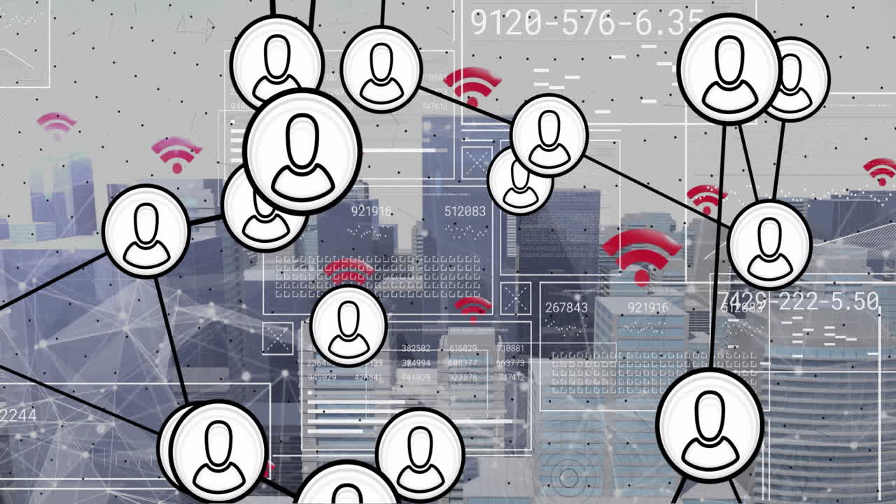 Network of user icons and data processing animation over cityscape background