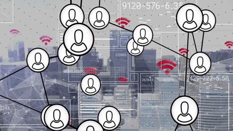 network of user icons and data processing animation over cityscape background