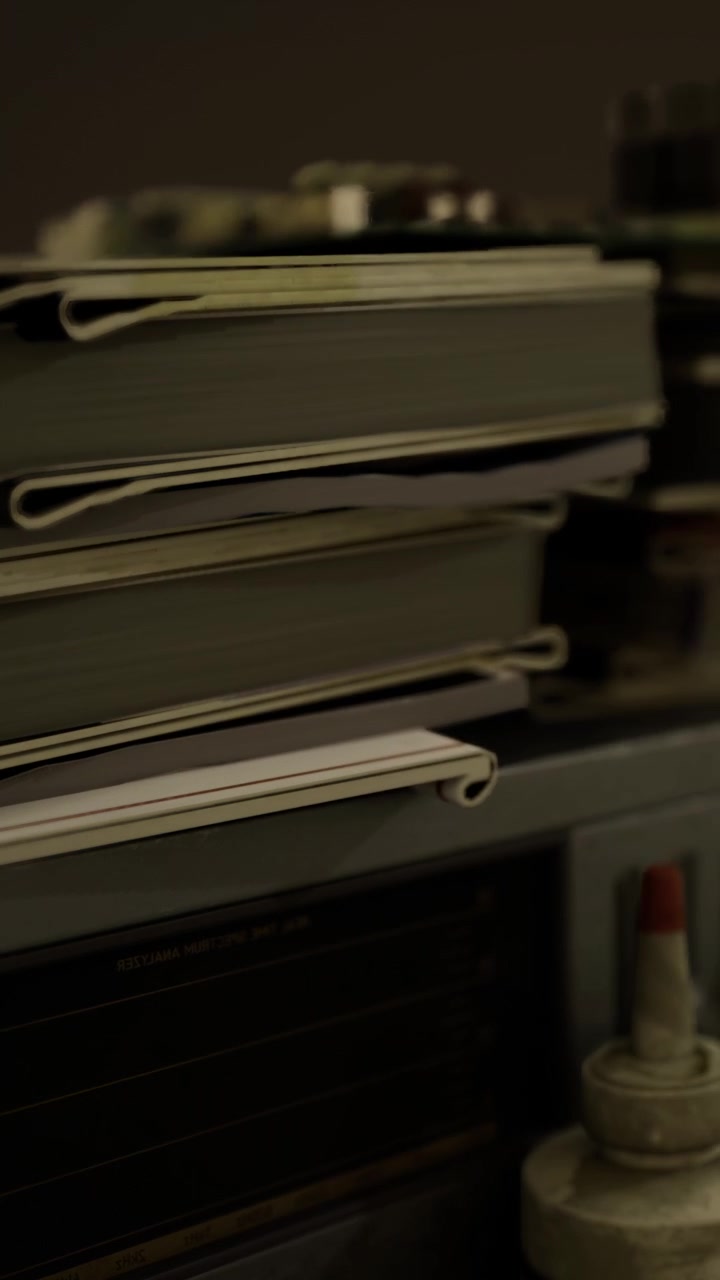 Books stacked on a shelf in a study area during evening hours
