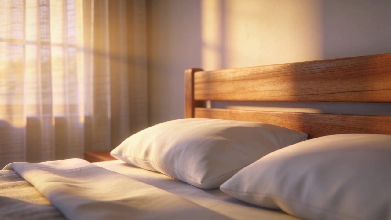Sun moving behind sheer curtains, light shifting across bedroom corner bed, pillows, headboard
