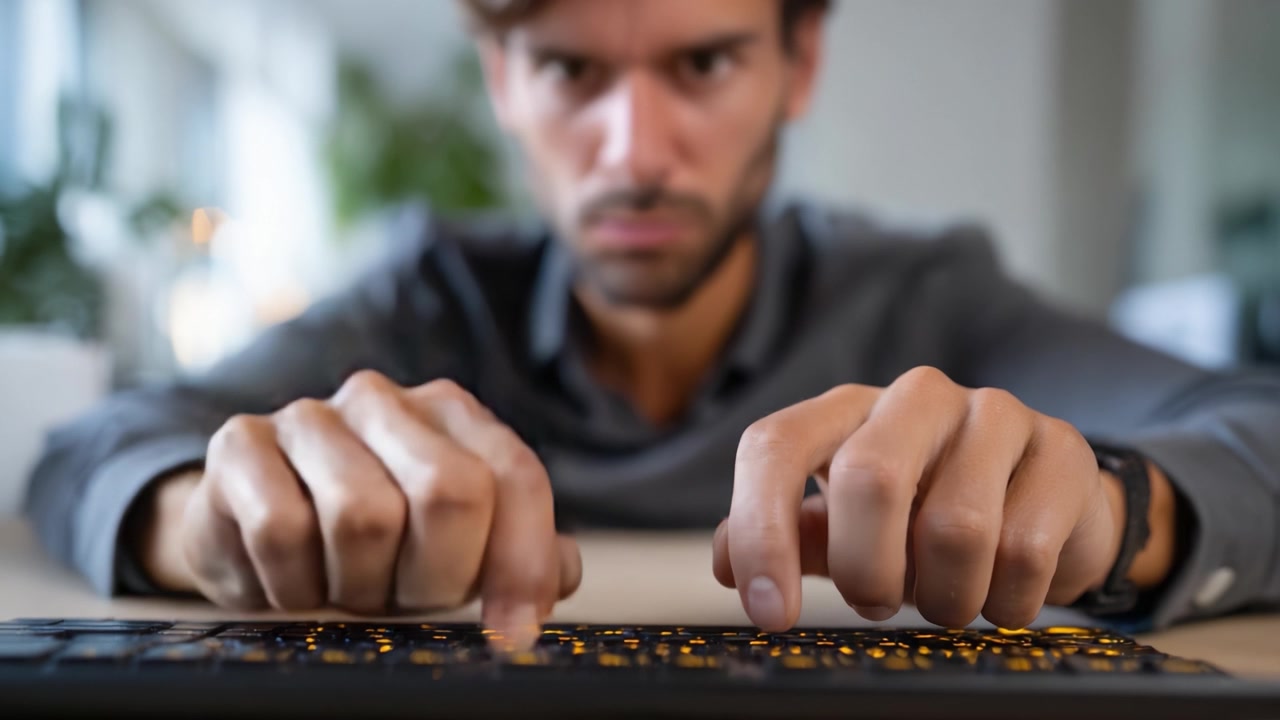 Focused Individual Typing on a Keyboard in a Modern Workspace, Conveying Intense Concentration and Engagement with Digital Tasks in a Professional Environment