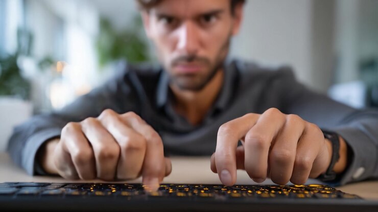 Individuo concentrato che digita su una tastiera in uno spazio di lavoro moderno, trasmettendo intensa concentrazione e coinvolgimento con compiti digitali in un ambiente professionale.
