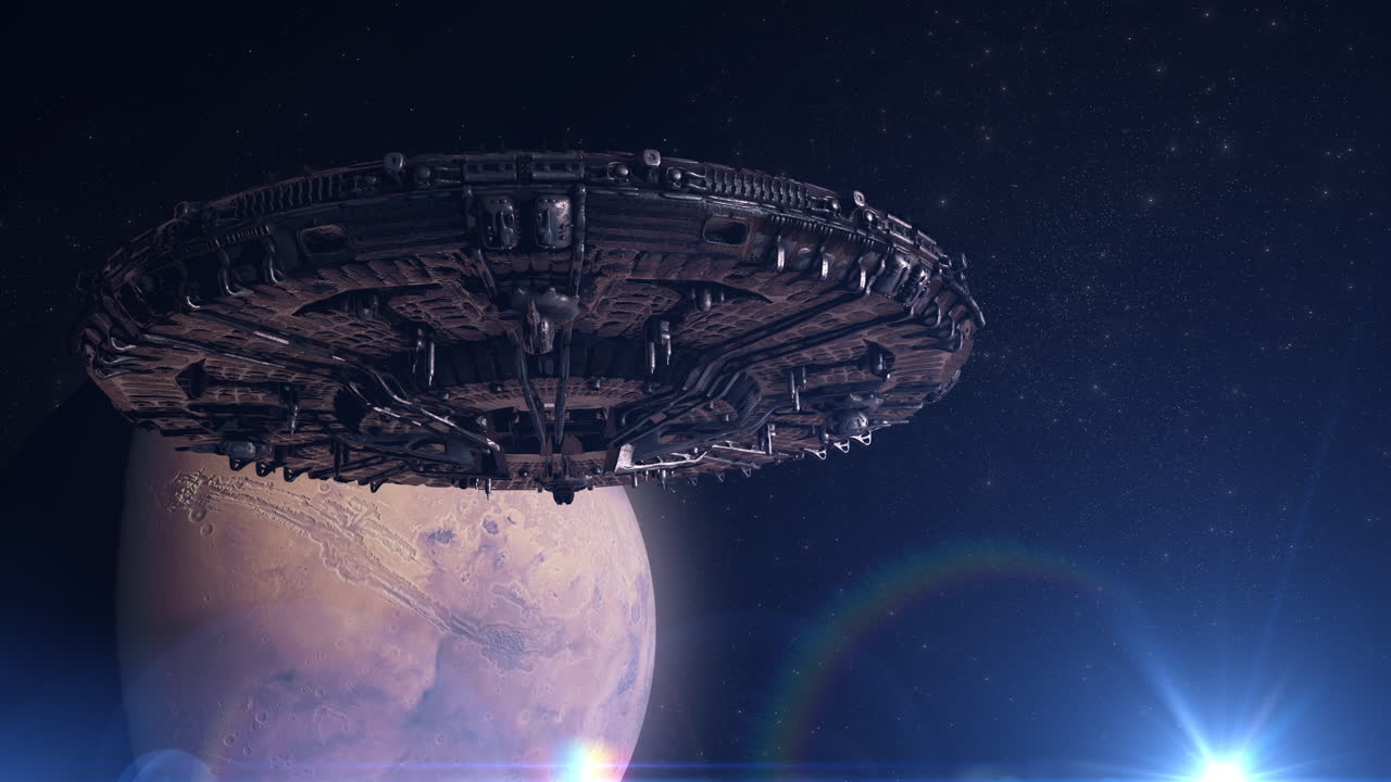 Spaceship over planet in outer space