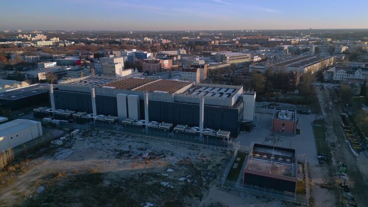 Large modern data center building providing essential services for artificial intelligence and cloud computing. Perfect aerial view panorama orbit drone