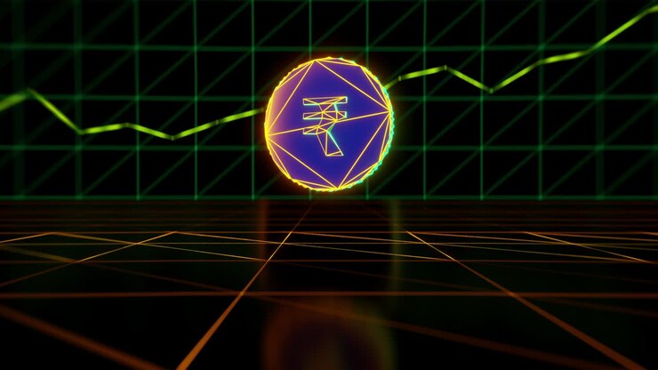 Moneta Rupia Digitale che fluttua su una superficie digitale, certificato di crescita sullo sfondo. Design al neon. Rendering 3D.