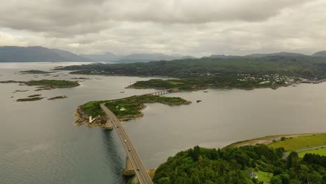 Highland-Gateway:-Aerial-View-of-Skye-Bridge-and-Kyle-of-Lochalsh,-Scottish-Highlands,-Scotland,-United-Kingdom