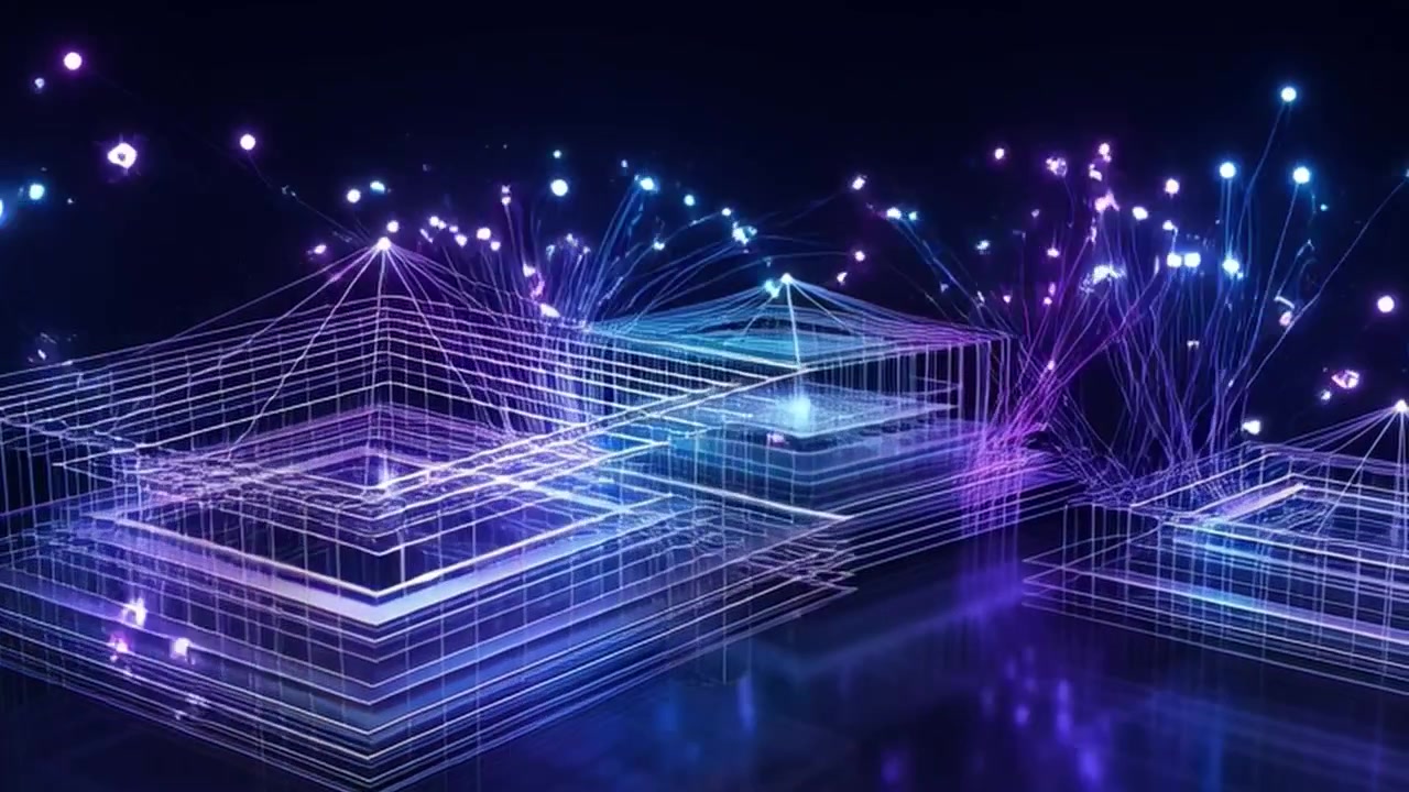 Abstract Digital Wireframe Structures with Glowing Particles and Data Connections