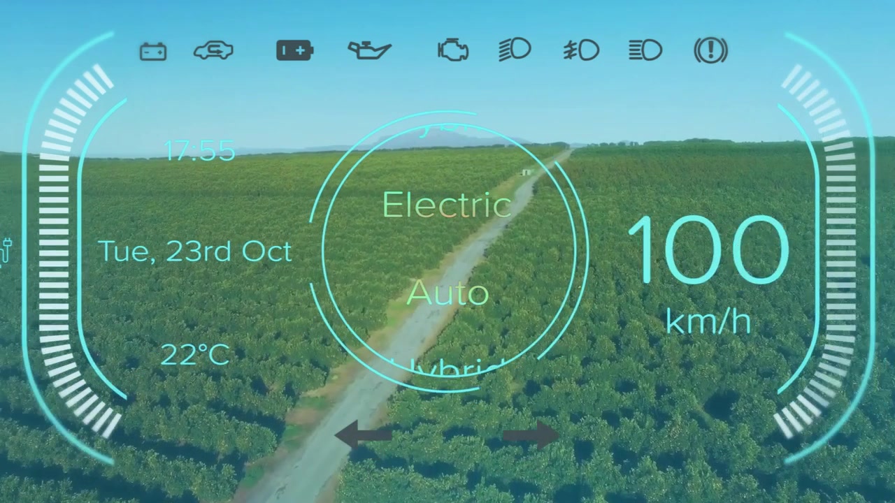 Entering dirt road at 11 km or h HUD overlay showing speed rising hybrid to electric, decelerating