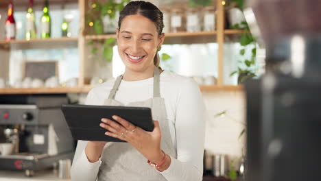 Coffee-shop,-tablet-and-barista-woman