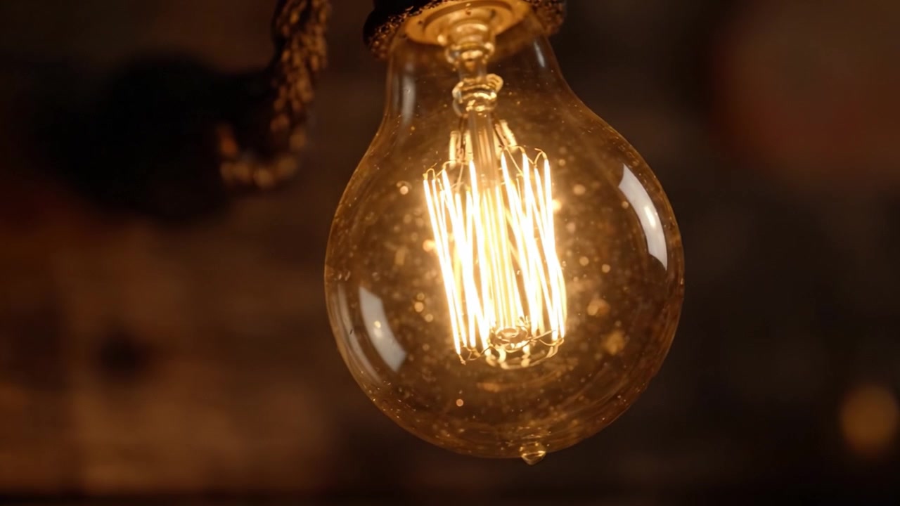 Primo piano accattivante di un bagliore caldo proveniente da un'elegante lampadina vintage che illumina uno sfondo rustico, con una messa a fuoco morbida sul suo design intricato e sulla sua calda luminescenza.