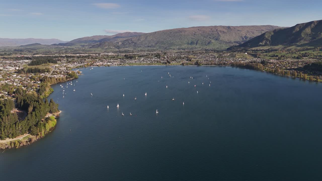 A beautiful high view over Lake Wanaka on New Zealand's South Island during a sailing regatta