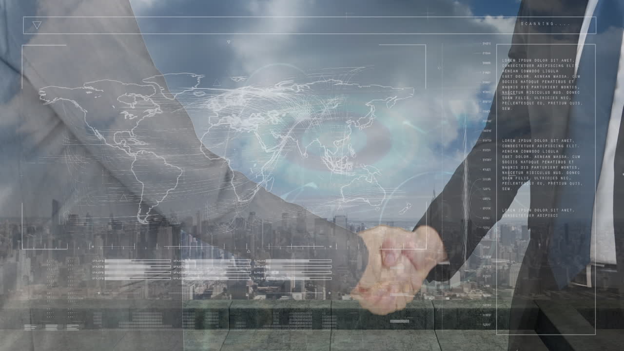 세계 지도 및 데이터 처리의 애니메이션: 카우카스 사업가 손잡이 및 도시 풍경
