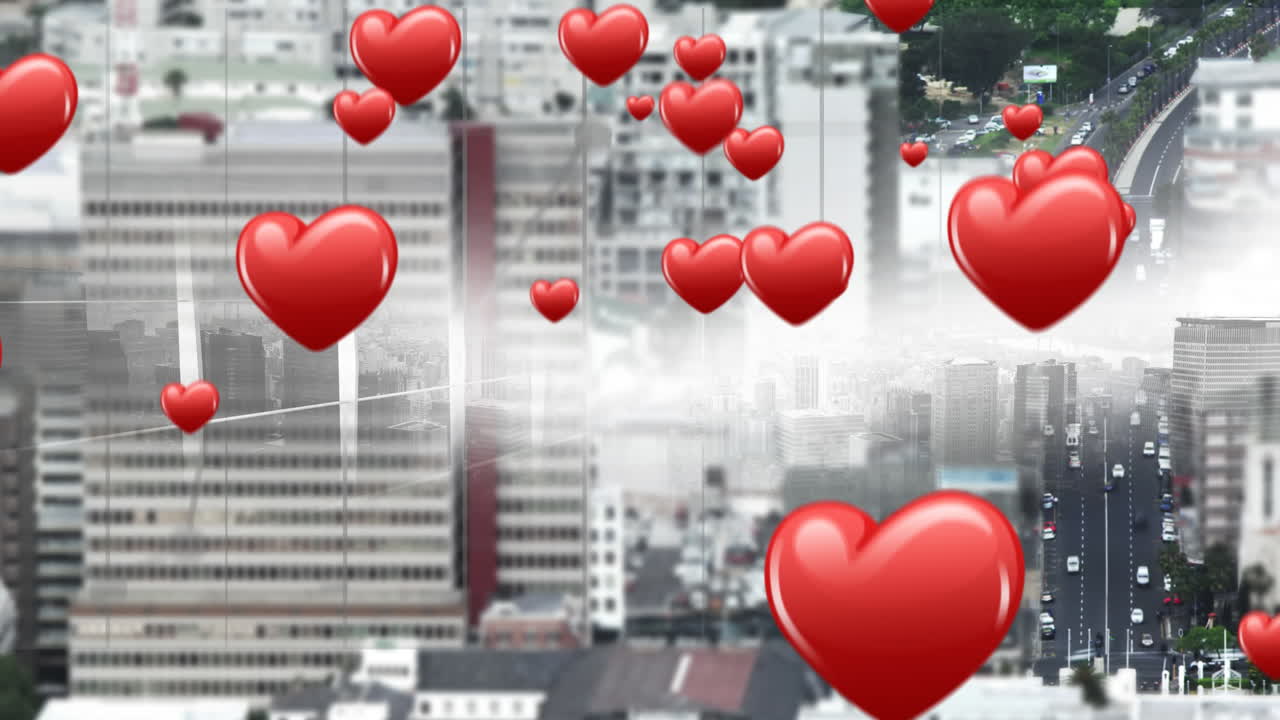 날아다니는 심장 아이콘이 있는 도시 4k