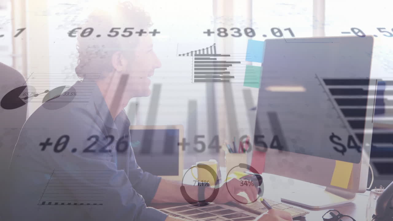 Animation of financial data processing over caucasian businessman using computer