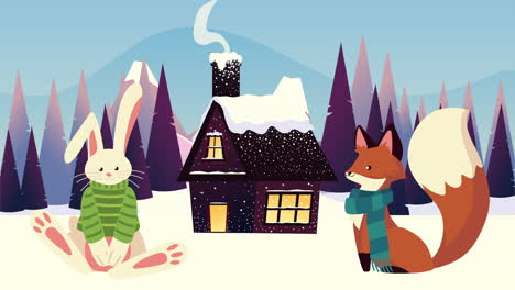 cute little rabbit and fox with christmas suits in snowscape