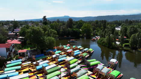 aerial tilt shot over trajinera boats docked at the xochimilco lake, in mexico