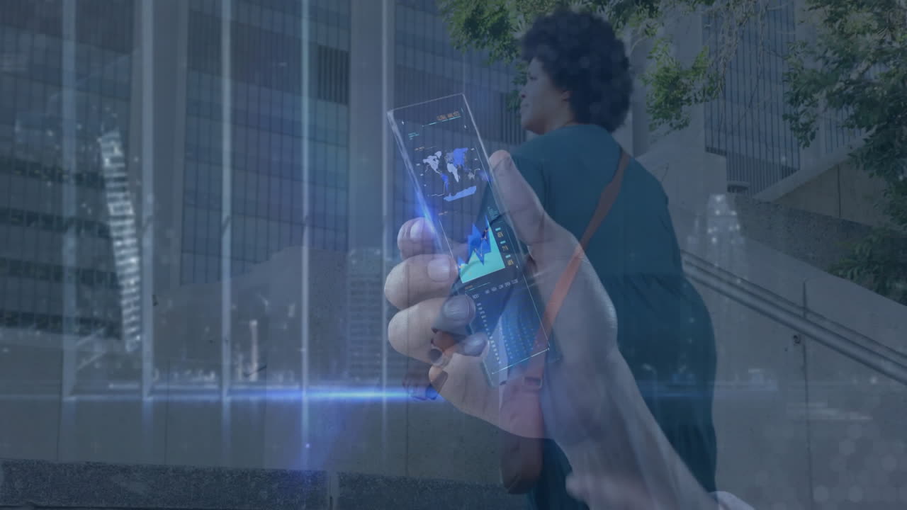 Using smartphone with digital interface in urban setting, person exploring animation