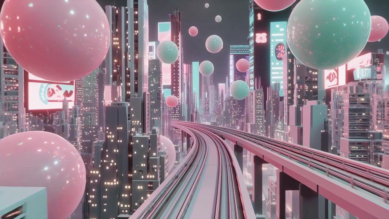 未来城市景观，漂浮着球体和高架铁路