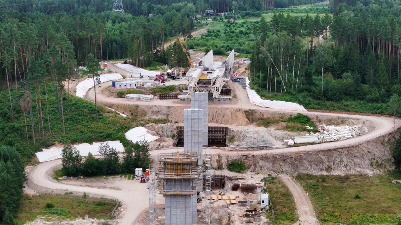 Building columns for railway bridge, aerial orbit view
