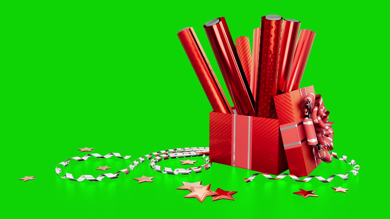 papel de embalaje de regalo rojo y caja de regalo sorpresa bonita en la pantalla clave de croma, aislado