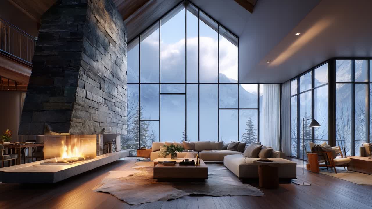 Modern Cozy Retreat: A Stunning Living Room Overlooking Majestic Mountains with Expansive Windows, Capturing the Beauty of Nature and Designed for Comfort and Relaxation in a Tranquil Setting