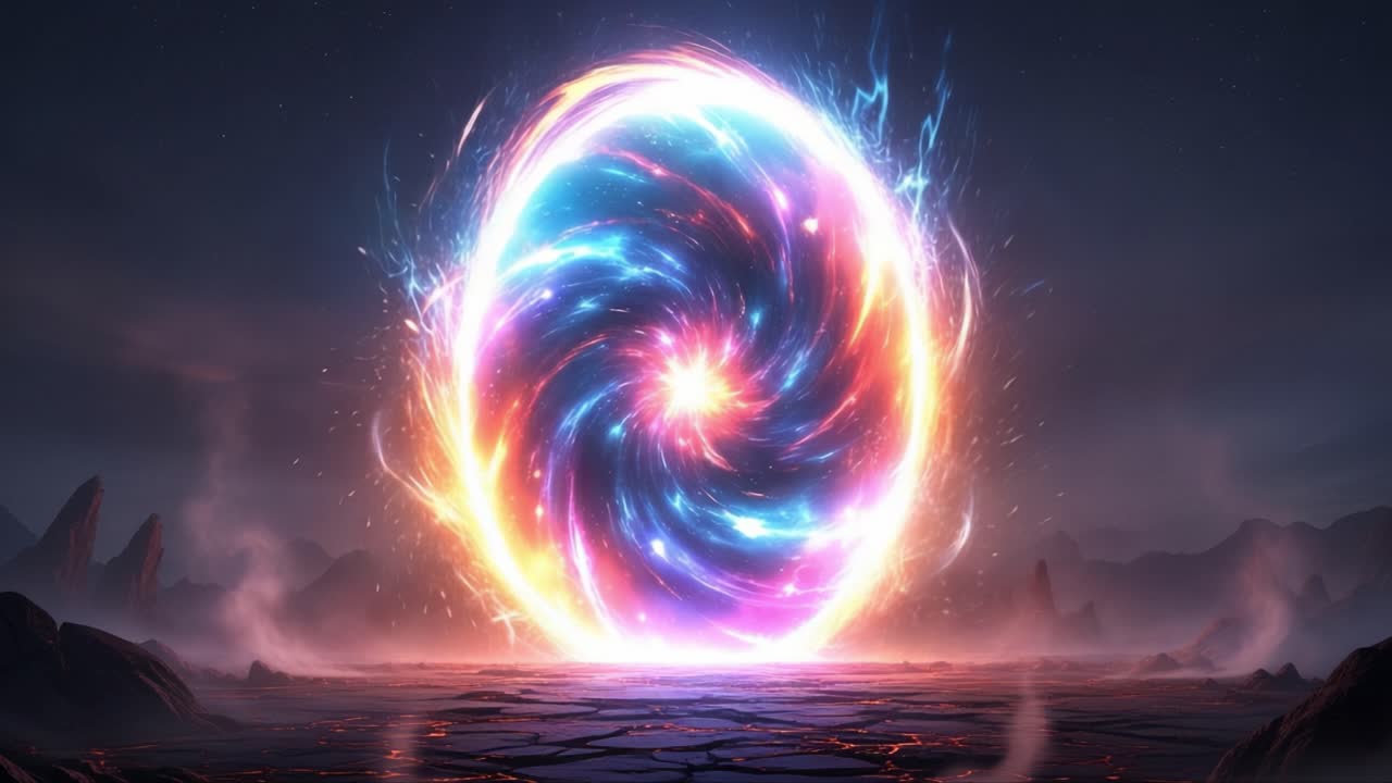 A Spectacular and Vivid Cosmic Portal Erupting with Colors, Energy, and Mystique Against a Breathtaking Dark Landscape, Captured in Two Striking Frames of Visual Artistry