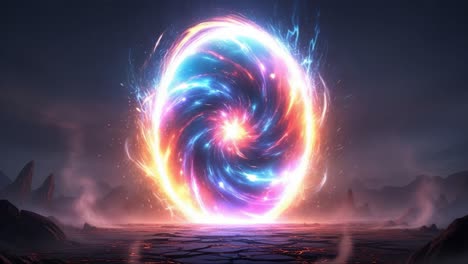 a spectacular and vivid cosmic portal erupting with colors, energy, and mystique against a breathtaking dark landscape, captured in two striking frames of visual artistry