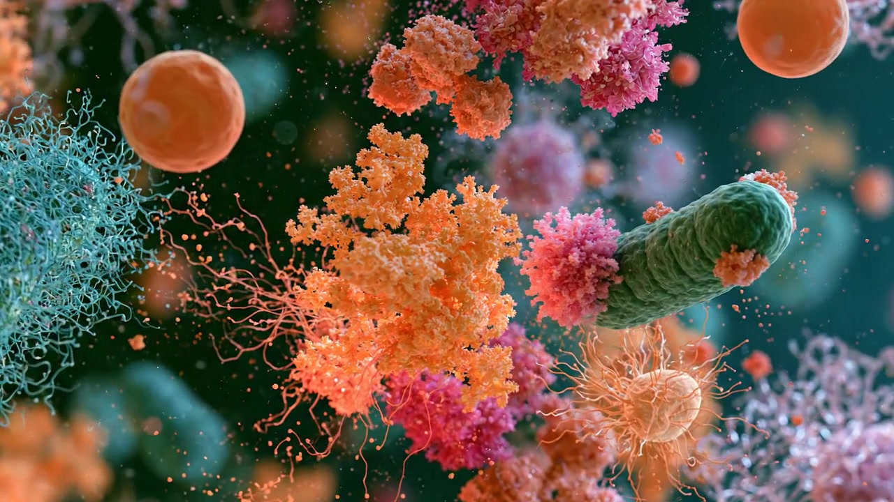 Cellule microscopiche colorate raggruppate in un ambiente biologico dettagliato