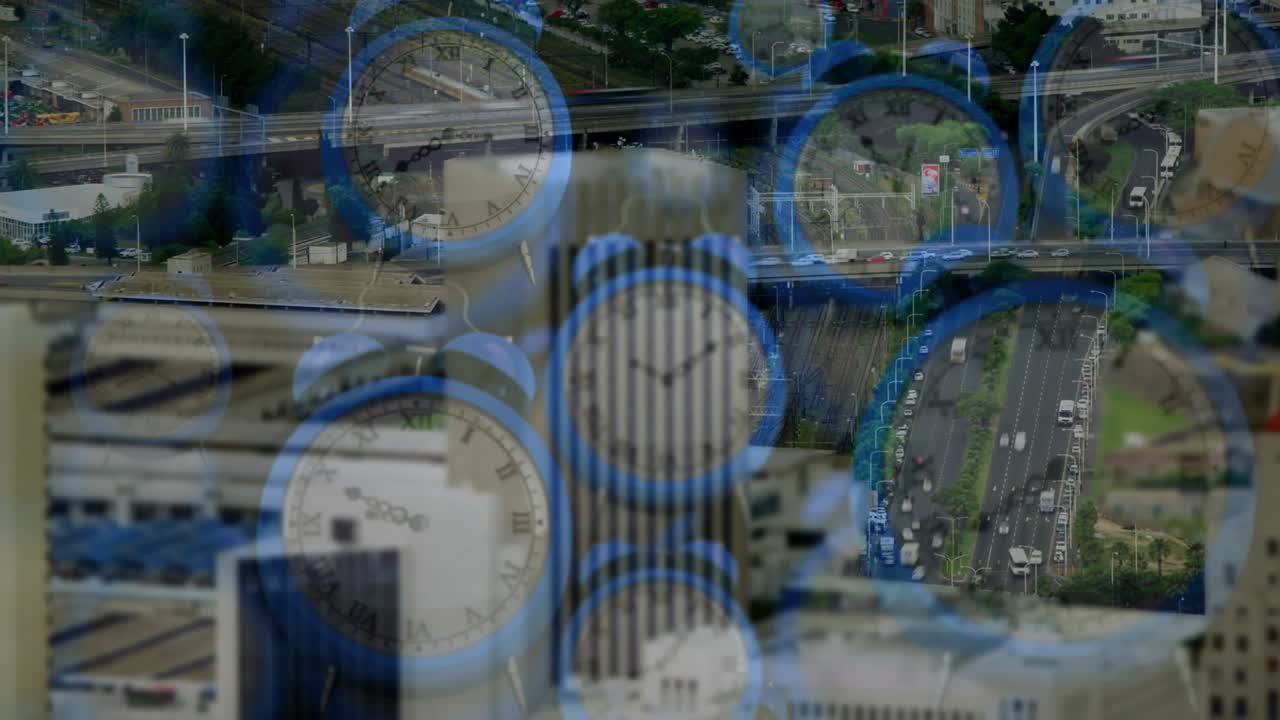 Layered clocks and lined tower moving over city, frame change starting hands ticking showing time