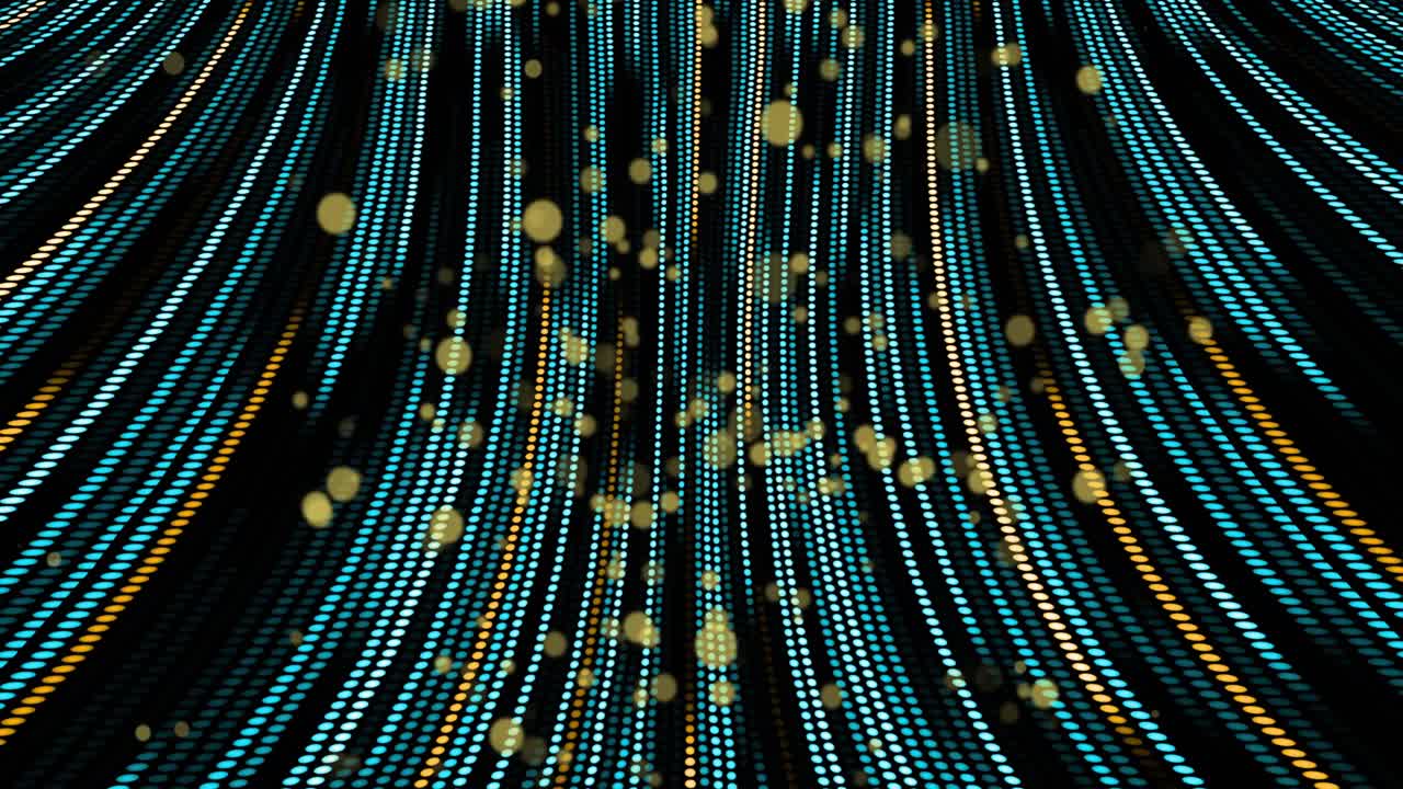 Particle emitter activating, dotted ribbons swaying while golden discs descending, adding depth
