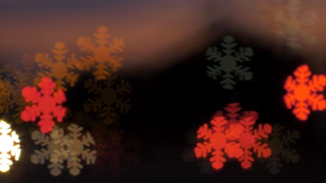 beautiful snowflake shaped bokeh from moving car and traffic lights at the evening, christmas, winter or holiday background concept, copyspace