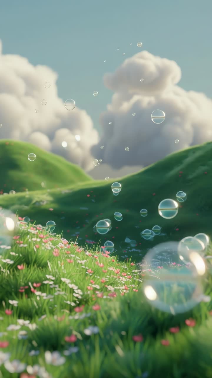 A serene landscape video with a low-angle view of lush green hills, scattered wildflowers