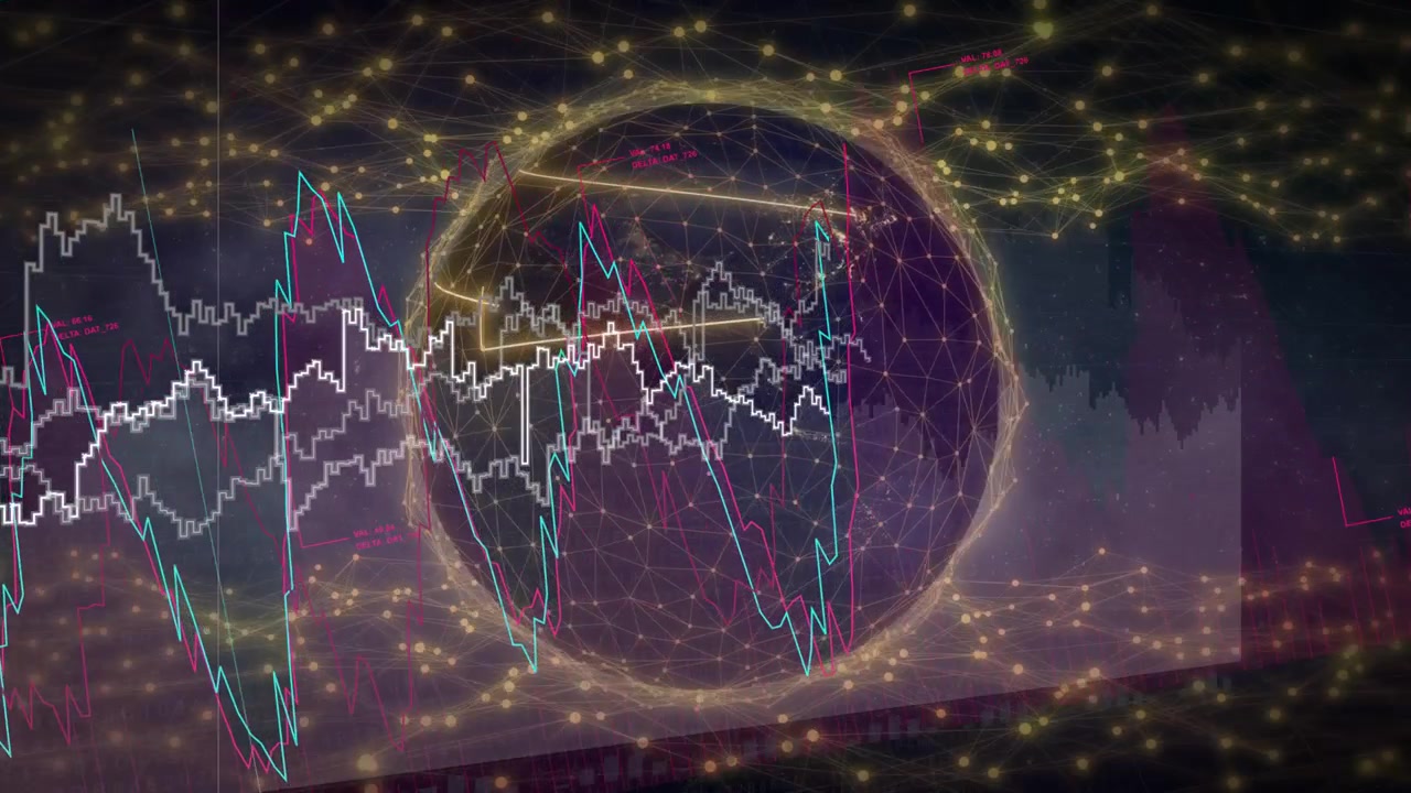 Contorno irregular aparecendo à esquerda do globo, desenhando uma onda triangular, gráficos ciano e magenta em ascensão, mostrando crescimento