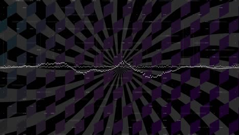 Animation-of-white-soundwaves-moving-over-rhombus-and-moving-striped-pattern
