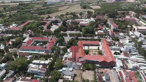 aerial drone view above kon tum city in the highlands of vietnam. footage above the old quarter and the famous wooden cathedral