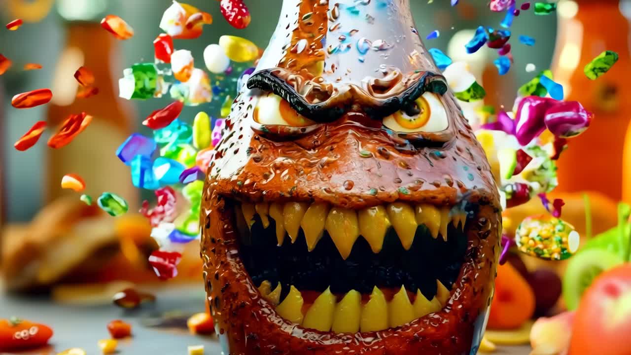 una botella de salsa picante con una cara de monstruo en ella