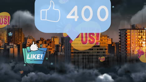 like icon with increasing numbers on speech bubble over digital icons floating against cityscape