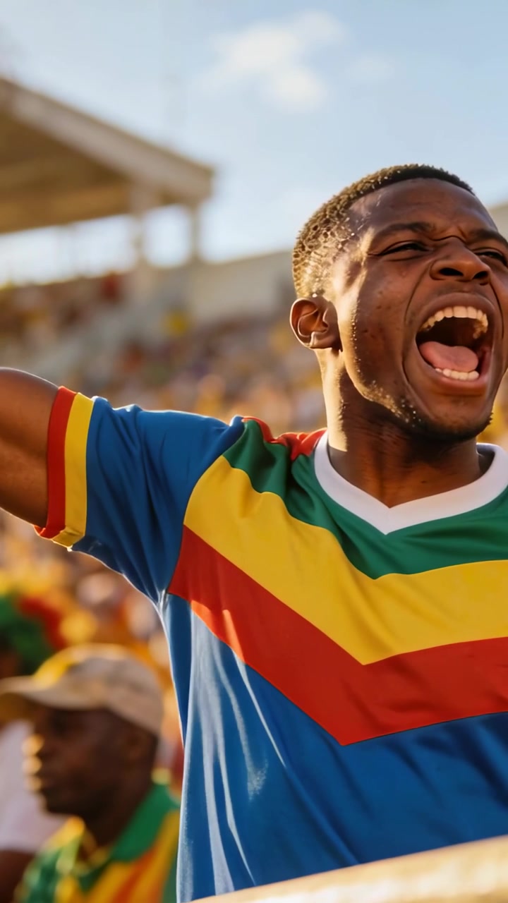 Vídeo vertical: Torcedor com camisa de time reagindo à jogada, levantando o braço e torcendo no estádio, com grade.