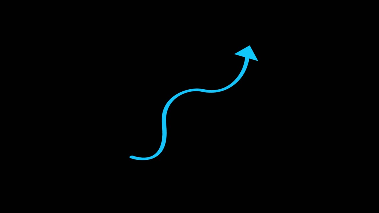 Animated curved blue arrow pointing upward over black background for progress rise path improvement