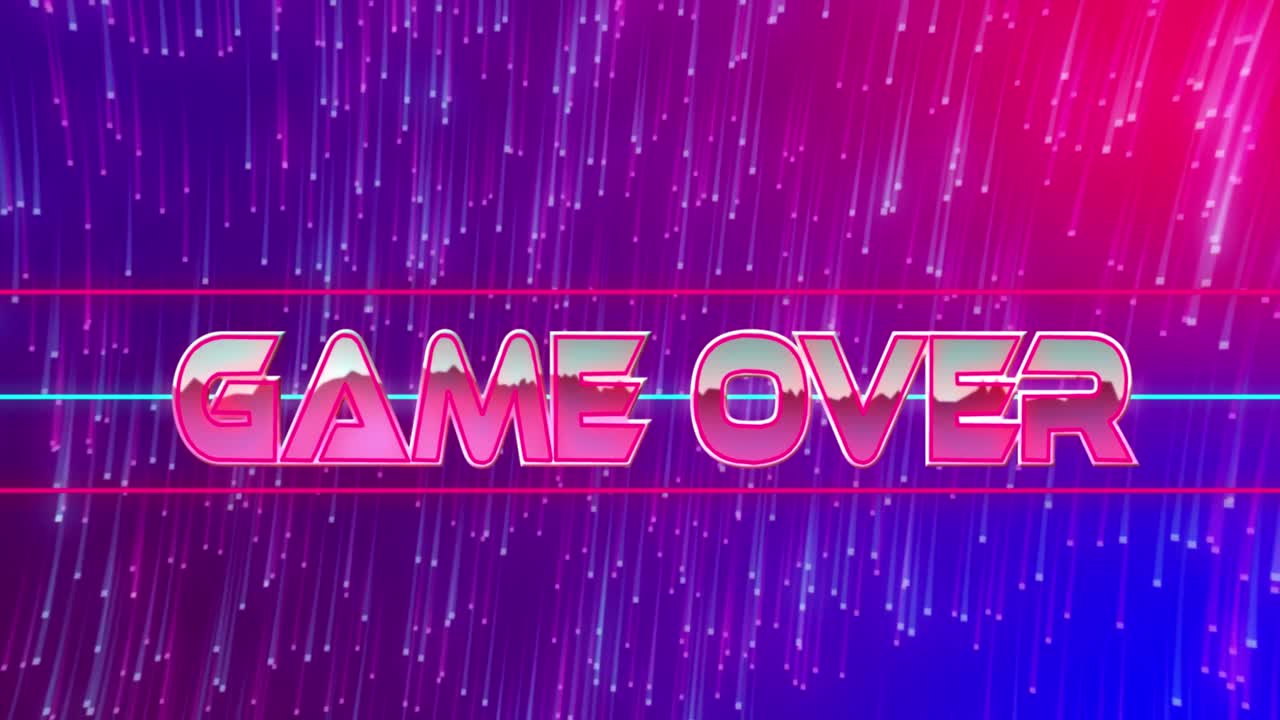 텍스트의 애니메이션, 게임 오버, 반 ⁇ 이는 분홍색, 분홍색과 파란색 배경에 빛의 흔적