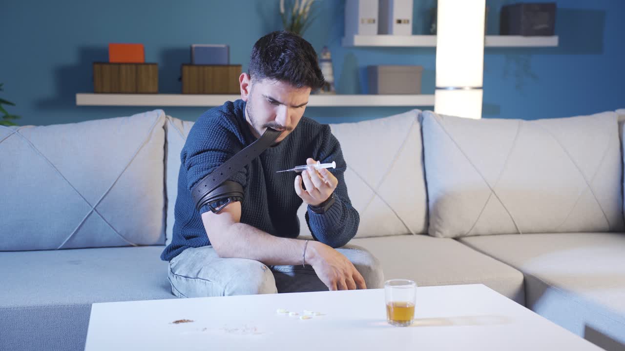 The young man who is fond of drugs is sticking a needle into his vein at home.