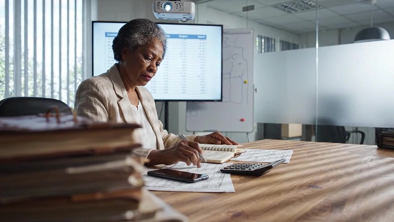 Professionnel concentré examinant des rapports financiers avec des données et des calculatrices dans un environnement de bureau moderne, soulignant l'organisation et les compétences analytiques.