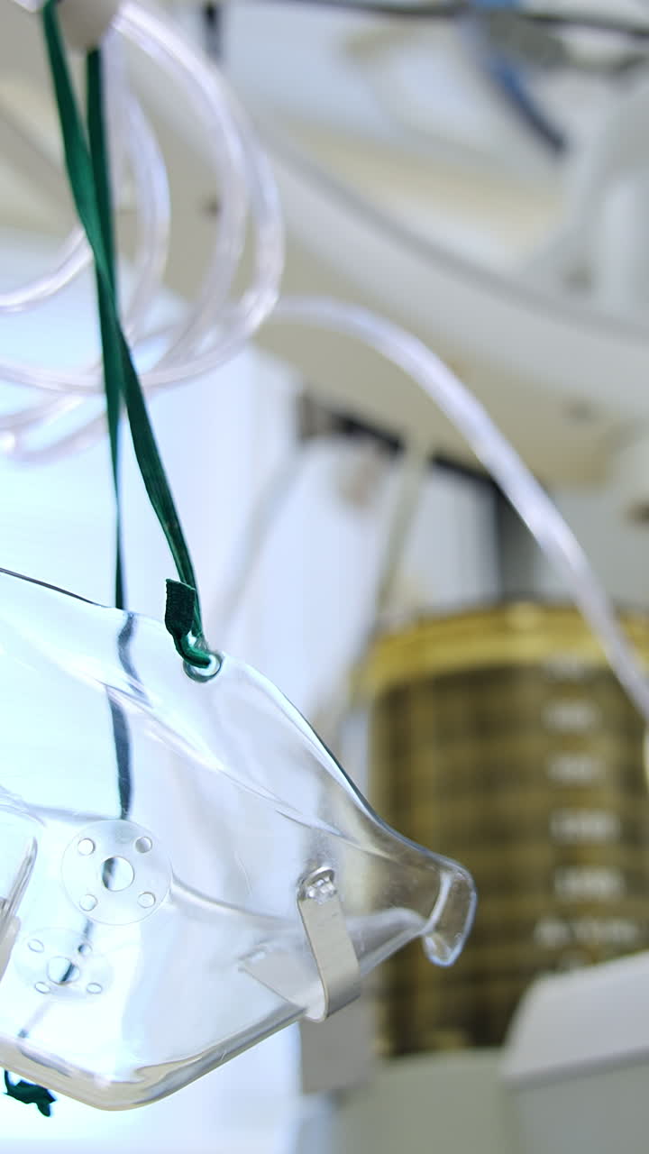 Oxygen mask hanging near the air pumping machine. Pulmoflator moving slowly at backdrop. Low angle view. Blurred background. Vertical video