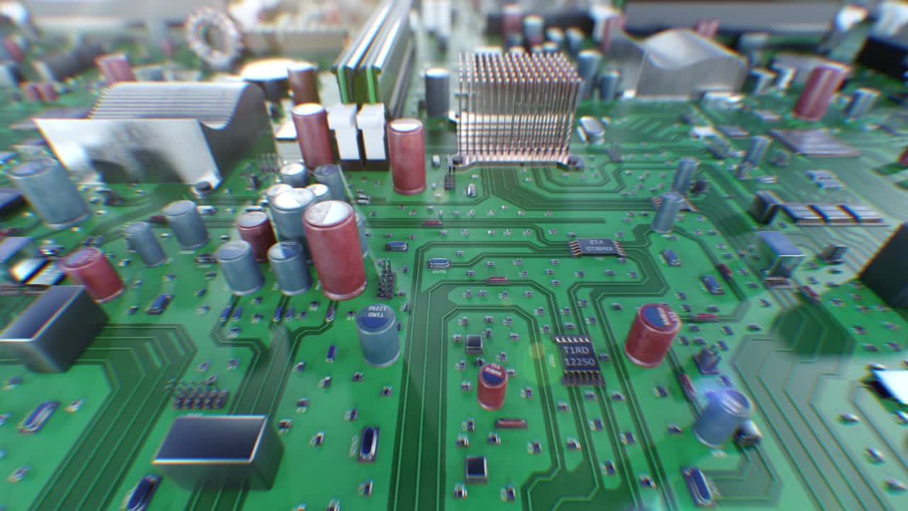 hermoso volando sobre la placa de circuitos con borrón dof. animación en bucle 3d de la placa base de la computadora en primer plano. tecnología y concepto digital.
