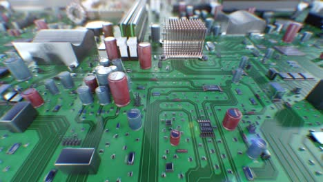 beautiful flying over the circuit board with dof blur. looped 3d animation of computer motherboard close-up. technology and digital concept.