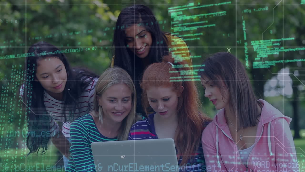 Animation of data processing over diverse business people using laptop