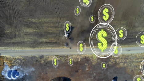 animación de señales de dólares sobre una vista aérea de un campo agrícola con maquinaria