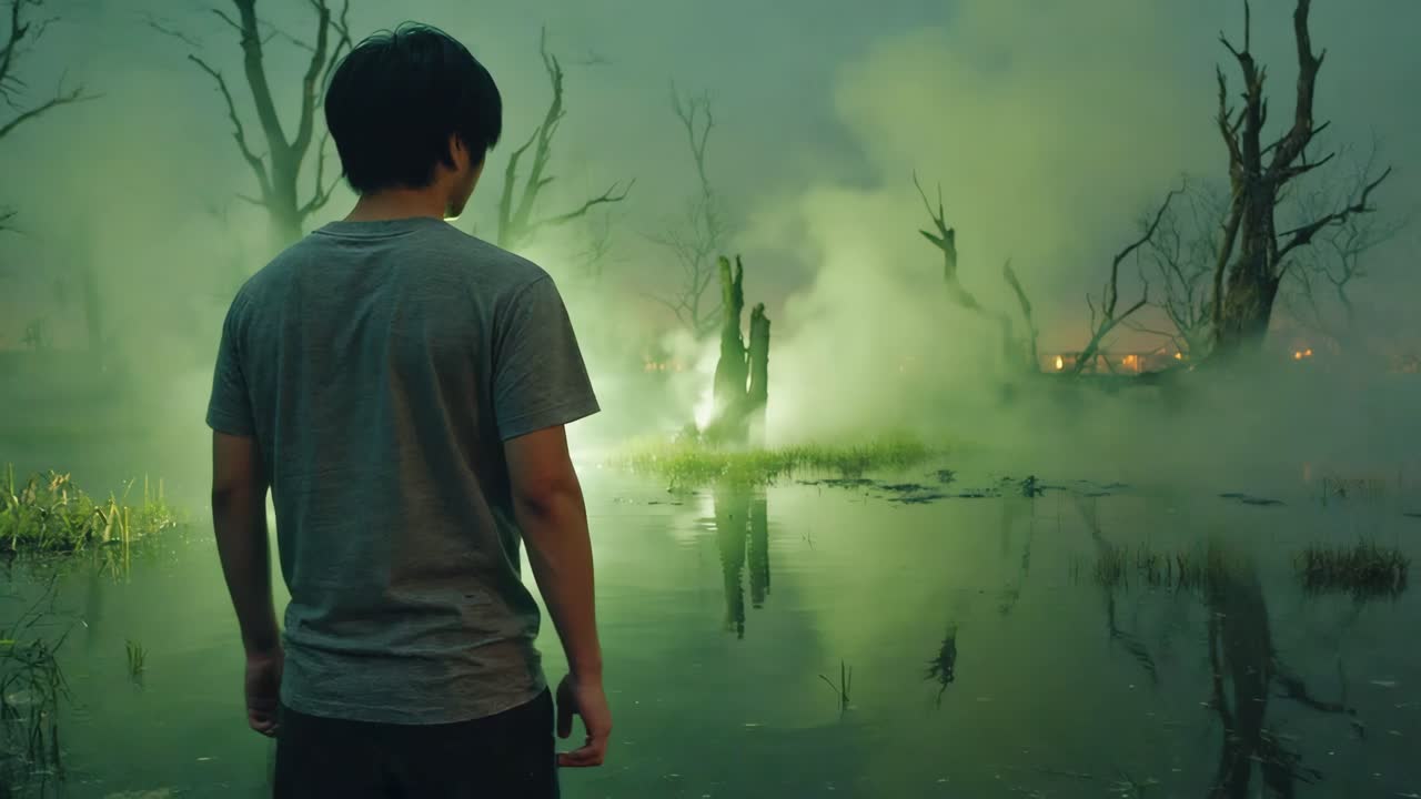 A Man in a Foggy Swamp at Night